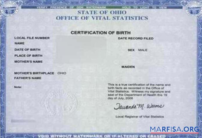 Realistic United States Ohio office of Vital Statistics example